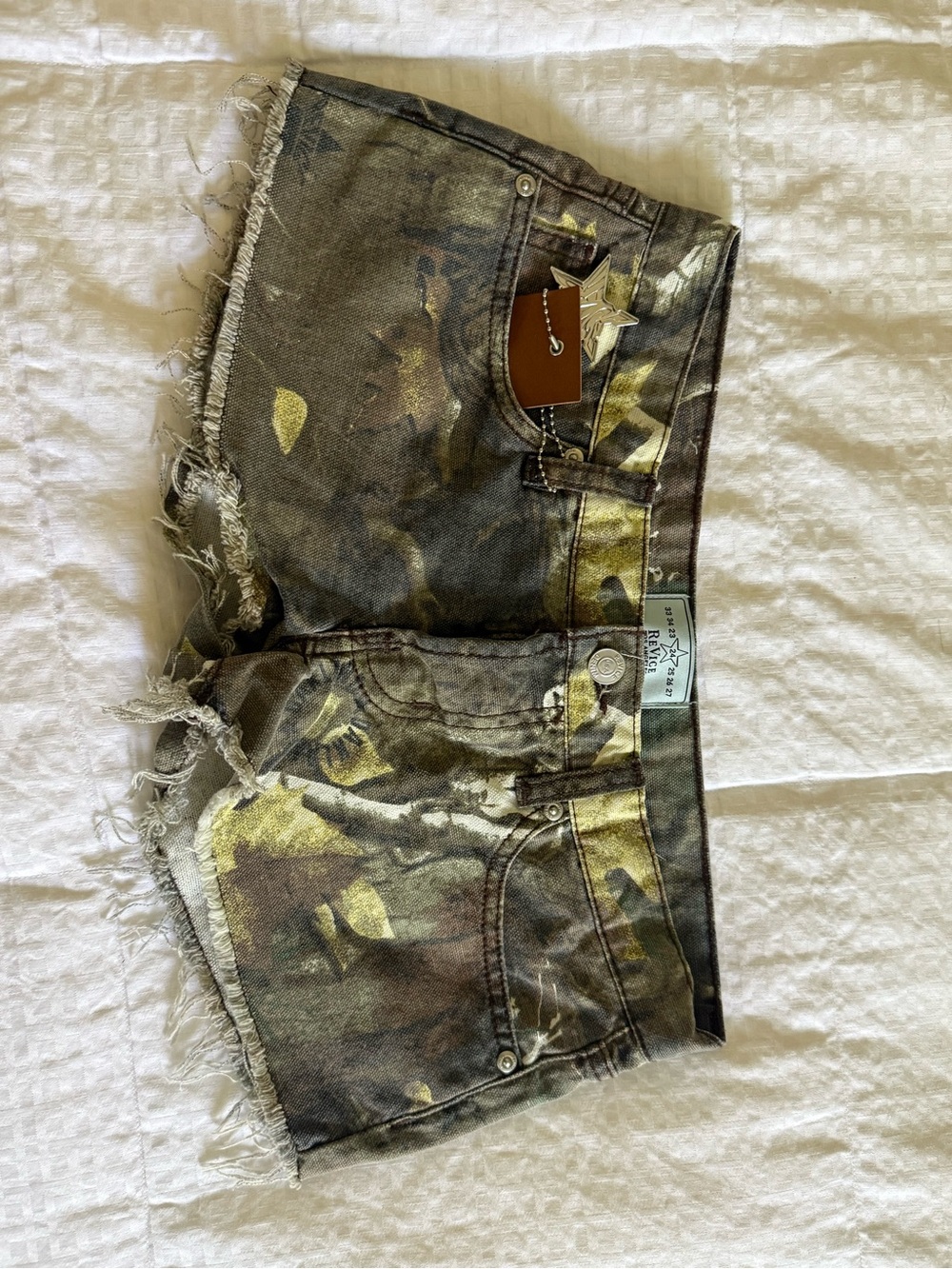 REVICE Camo Frayed-Hem Jean Shorts in Green and Brown